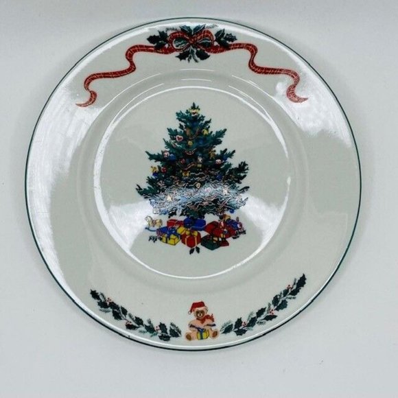 Newcor Origins Holiday Dessert Plate #126 Christmas Morning Tree Teddy Garland - Picture 2 of 6